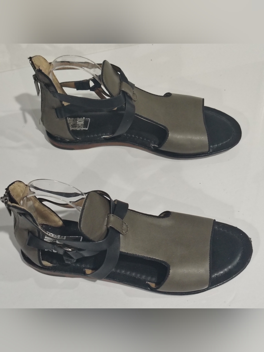 JANE AND THE SHOE Olive Green and Black Strappy Flat Sandals